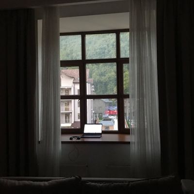 View of a serene natural landscape from a window.